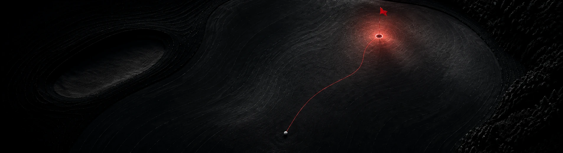 Dark charcoal topographic putting green with a white golf ball, a glowing red curved roll line, and a red flag over a glowing cup.